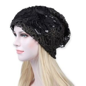 Black Lace Floral Lightweight Lined Beanie Cap - NEW